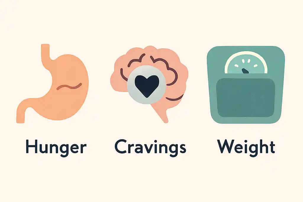 Visual explaining the effects of GLP-1 and GIP therapy on hunger, cravings, and weight during the first 90 days