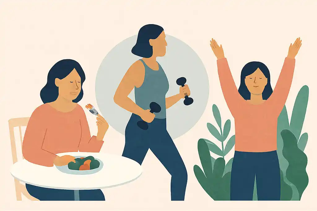 Concept graphic representing a healthy lifestyle while on GLP-1+GIP therapy with Tirzepatide, including fitness and nutrition.